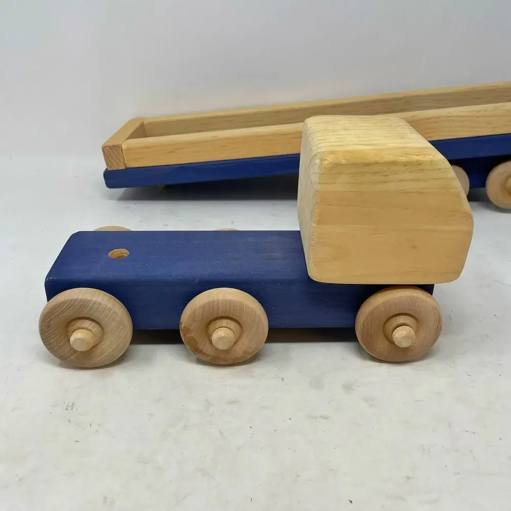 Handmade Blue & Natural Wood Semi Truck Tractor Trailer Flatbed Carrier